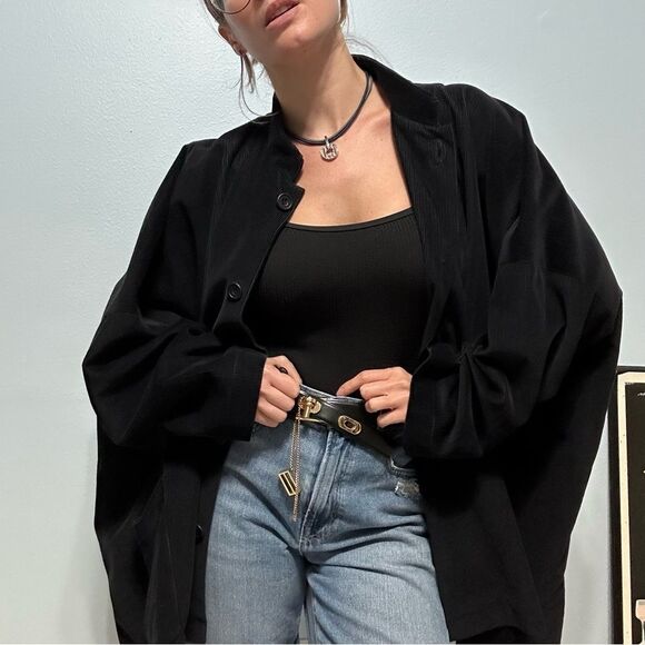 Eskandar Black Oversized Corduroy Button Shirt Sz 1 Lagenlook Travel Goth Office - Picture 1 of 13